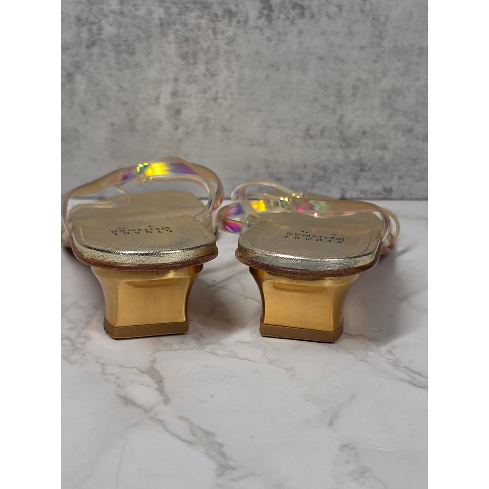 Stuart Weitzman Focus Gold Iridescent Holographic Kitten Heel Sandals 7M Y2K - Picture 9 of 12